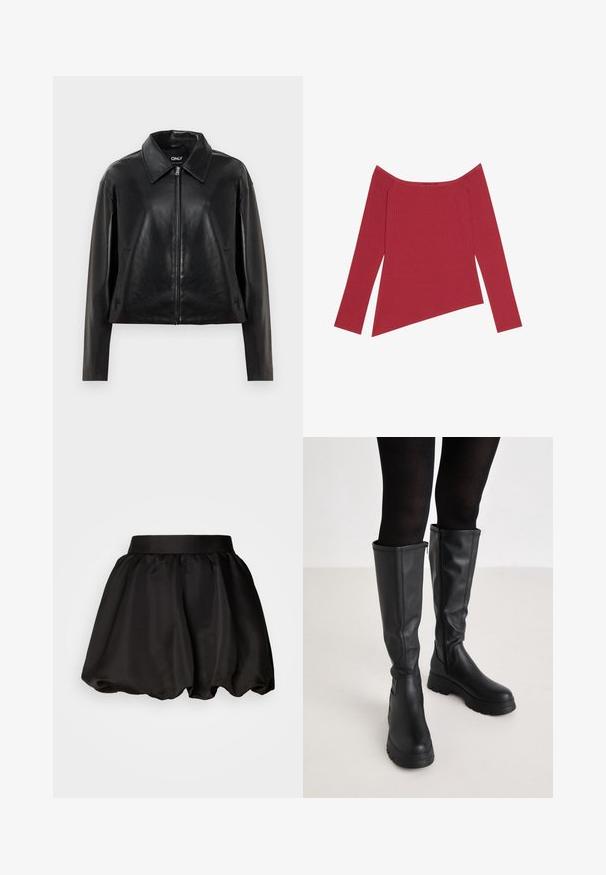 Zwarte neplederen jas met een volle rits aan de voorkant, puntige kraag en zijzakken, weergegeven tegen een witte achtergrond.; Rode off-the-shoulder top met lange mouwen, geribbelde textuur en een asymmetrische zoom, met een gladde afwerking en subtiele naden.; Zwarte satijnen rok met een brede tailleband, voorzien van een volumineuze, bubbelvorm. Gladde textuur zonder zichtbare patronen of hardwaredetails.; Even&Odd Plateaulaarzen - black