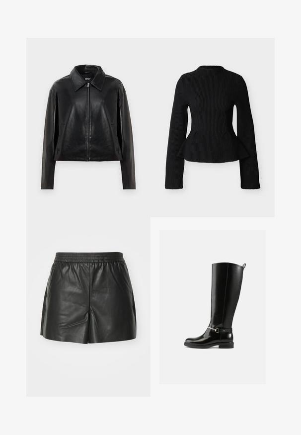 Veste en simili cuir noir avec fermeture éclair sur le devant, col pointu et poches latérales, présentée sur fond blanc.; Haut noir côtelé à manches longues avec une taille cintrée et une légère basque évasée, col rond haut et tissu tricoté texturé.; Shorts en cuir noir avec une taille élastique, un design ajusté et des fentes latérales pour plus de liberté de mouvement et de ventilation. Texture lisse.; Bottes noires montantes en cuir verni, avec un détail de boucle argentée à la cheville et une conception à bout arrondi. Semelle plate.
