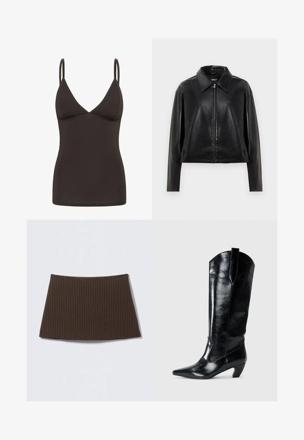 Veste en simili cuir noir avec fermeture éclair sur le devant, col pointu et poches latérales, présentée sur fond blanc.; Camisole ajustée marron foncé avec de fines bretelles réglables et un décolleté en V.; Jupe marron à fines rayures, coupe ajustée, texture lisse et ourlet évasé, idéale pour un look sur mesure.; Bottes en cuir noir montantes jusqu'au genou, avec une pointe effilée, un talon bas, et des détails de couture décoratifs sur les côtés. Fini lisse et brillant.