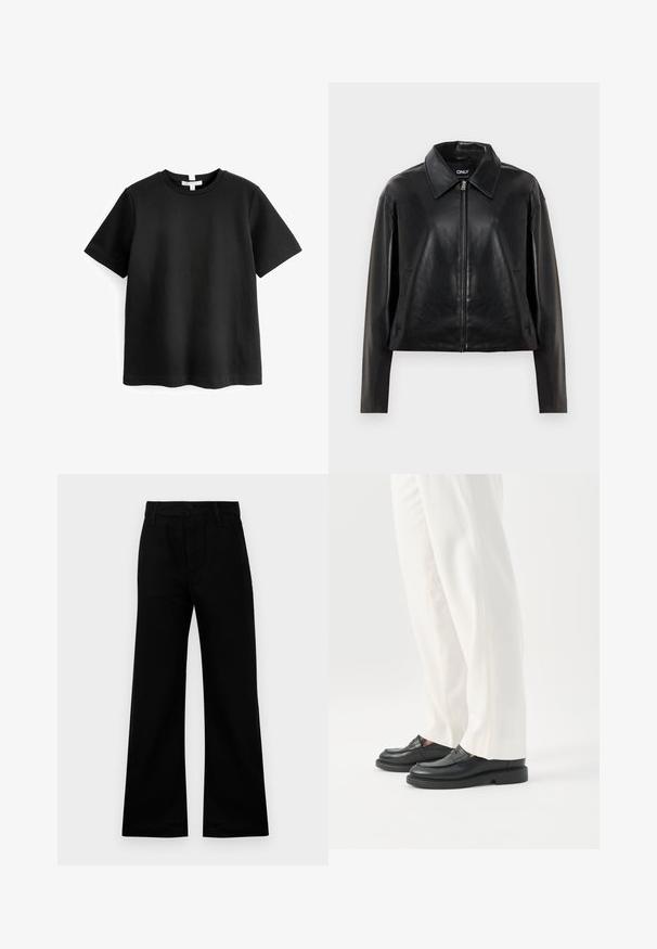 Chaqueta de cuero sintético negro con cremallera frontal completa, cuello puntiagudo y bolsillos laterales, mostrada sobre un fondo blanco.; Camiseta negra de manga corta hecha de algodón. Cuello redondo con dobladillo recto y sin patrones ni gráficos visibles. Textura suave y lisa.; Pantalones de pierna ancha negros, confeccionados en una tela suave con una cintura alta, con cierre de botón y trabillas para cinturón, que ofrecen un ajuste estructurado.; Persona con pantalones blancos a medida y mocasines de cuero negros de pie sobre un fondo blanco.
