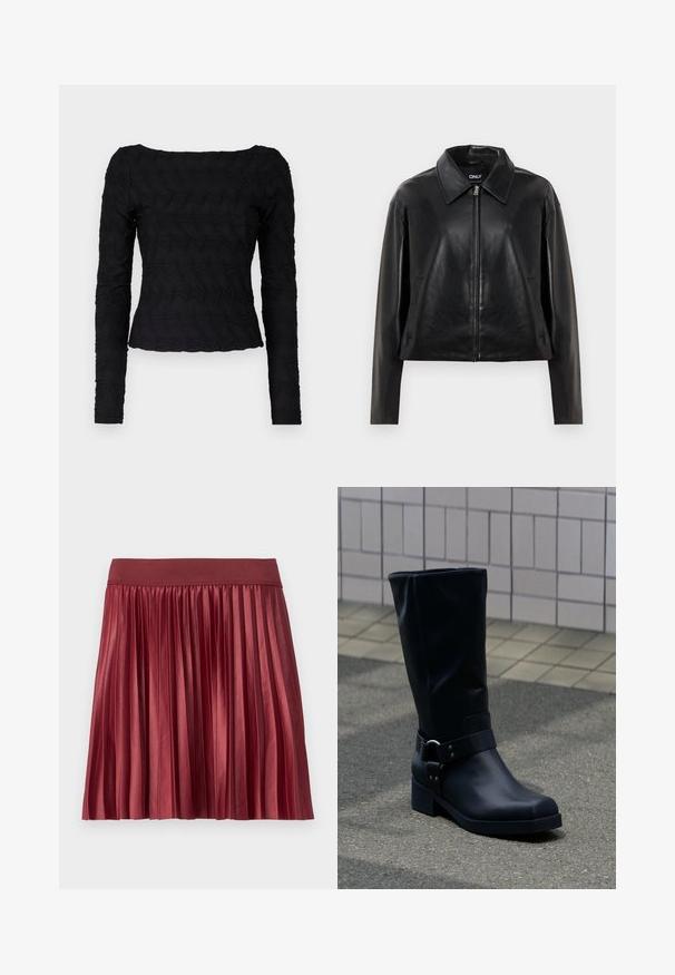Chaqueta de cuero sintético negro con cremallera frontal completa, cuello puntiagudo y bolsillos laterales, mostrada sobre un fondo blanco.; Top negro de manga larga con un patrón texturizado y ondulado. Cuenta con un escote cuadrado y un diseño ajustado en la cintura, hecho de una tela elástica.; Falda plisada hecha de un tejido burdeos brillante con una cintura ancha y elástica. La longitud es por encima de la rodilla y presenta pliegues verticales en toda su extensión.; Bota negra de cuero hasta la mitad de la pantorrilla con un tacón bajo de bloque y una correa decorativa con hebilla metálica alrededor del tobillo, sobre un pavimento de baldosas.