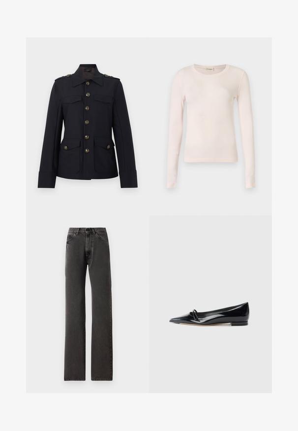 Veste noire de style militaire avec de grands boutons dorés, des épaulettes sur les épaules, quatre poches à rabat et un col pointu.; Haut à manches longues rose clair en tissu doux et extensible. Caractérisé par un col rond et une coupe ajustée, sans motifs ni éléments visibles.; Jean noir à jambe droite avec poches avant, passants de ceinture, fermeture à bouton et coutures visibles sur un fond blanc.; Chaussure plate en cuir verni noir avec un bout pointu, une petite lanière décorative et un petit talon carré. Texture lisse et design épuré.