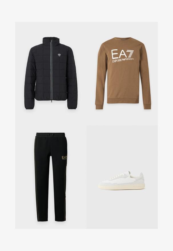 Schwarze, gesteppte Steppjacke mit hohem Kragen, Frontreißverschluss und elastischen Bündchen. Mit einem Logo auf der linken Brust und kontrastfarbenem Reißverschlussdetail.; Braunes Sweatshirt mit langen Ärmeln und weißem "EA7 Emporio Armani"-Logo auf der Vorderseite, mit Rundhalsausschnitt und gerippten Bündchen.; Schwarze Jogginghosen mit schmalem Schnitt, elastischem Bund mit Kordelzug und goldenen Akzentstreifen an den Seiten sowie einem Logo.; Weißer Sneaker mit strukturiertem Obermaterial aus Wildleder und Leder. Verfügt über eine runde Zehenpartie, Schnürverschluss und eine kontrastierende beige Gummisohle.