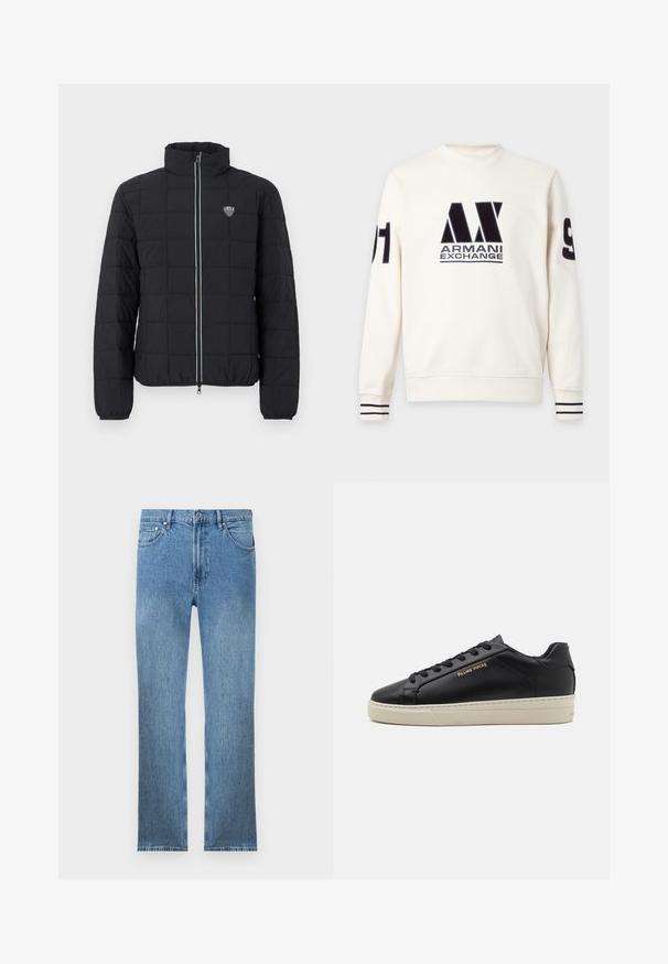 Zwarte gewatteerde donsjas met hoge kraag, ritssluiting aan de voorkant en elastische manchetten. Voorzien van een logo op de linkerborst en contrasterende ritsdetails.; Witte trui met lange mouwen met zwart Armani Exchange-logo op de voorkant en zwarte cijfers 91 op elke mouw, gestreepte boorden.; Lichtblauwe denim jeans met een rechte snit, vijf zakken, een ritsluiting en contrasterende stiksels. De stof heeft een gladde, gestructureerde afwerking.; Zwarte leren sneaker met een gladde afwerking, contrasterende crèmekleurige zool, ronde neus, gouden logo aan de zijkant en zes gaatjes voor veters.