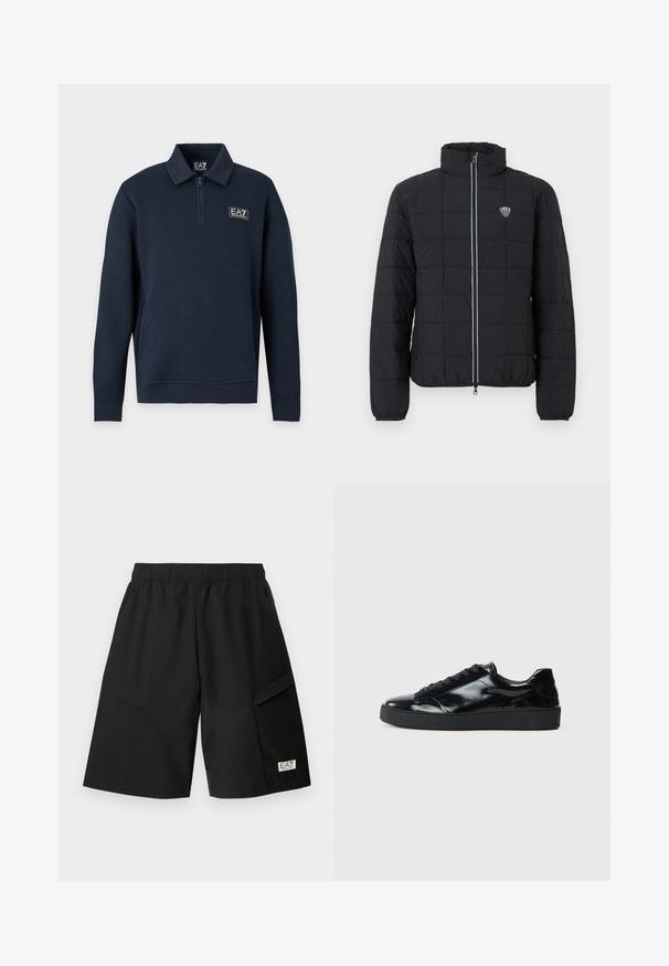 Veste matelassée noire avec col montant, fermeture à glissière frontale et poignets élastiques. Comprend un logo sur la poitrine gauche et un détail de fermeture éclair contrastant.; Pull bleu marine à manches longues avec col à fermeture éclair partielle et petit logo EA7 Emporio Armani sur la poitrine gauche.; Shorts noirs longueur genou avec taille élastique, poches cargo latérales et un petit patch logo EA7 Emporio Armani sur la jambe gauche.; Baskets en cuir verni noir avec un bout arrondi, un laçage, une semelle en caoutchouc texturé et une finition lisse.