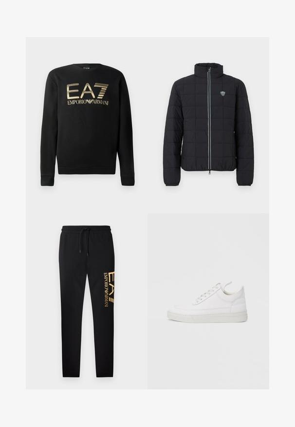 Zwarte gewatteerde donsjas met hoge kraag, ritssluiting aan de voorkant en elastische manchetten. Voorzien van een logo op de linkerborst en contrasterende ritsdetails.; Zwart sweatshirt met ronde hals, voorzien van het gouden EA7 Emporio Armani-logo op de borst. Zachte stof met geribbelde mouwen en onderrand.; Zwarte sweatpants met een comfortabele pasvorm, voorzien van een gouden logoprint "EA" en "EMPORIO ARMANI" aan de linkerkant, met een elastische tailleband.; Witte leren sneaker met een afgeronde neus, platte zool en veters aan de voorkant. Voorzien van stikseldetails en een gevoerde kraag voor comfort.
