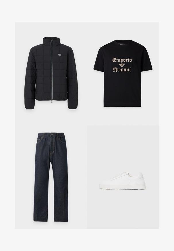 Veste matelassée noire avec col montant, fermeture à glissière frontale et poignets élastiques. Comprend un logo sur la poitrine gauche et un détail de fermeture éclair contrastant.; T-shirt noir à manches courtes avec texte beige "Emporio Armani" et logo d'aigle brodé au centre devant.; Jean en denim bleu foncé avec une coupe droite, comportant cinq poches, des coutures discrètes et une fermeture à bouton au niveau de la taille.; Sneaker blanc avec une tige en cuir lisse, bout rond, lacets, accents latéraux texturés et une épaisse semelle en caoutchouc. Design minimaliste.
