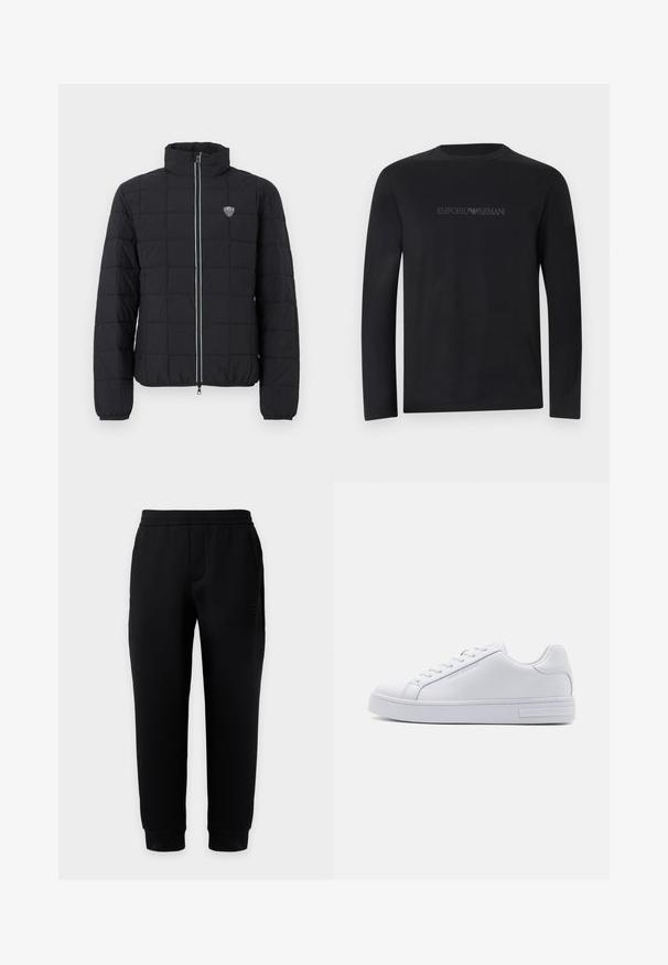 Veste matelassée noire avec col montant, fermeture à glissière frontale et poignets élastiques. Comprend un logo sur la poitrine gauche et un détail de fermeture éclair contrastant.; T-shirt noir à manches longues avec col rond, logo "EMPORIO ARMANI" brodé en fil noir assorti sur la poitrine.; Pantalon de jogging noir ajusté avec taille et poignets élastiques, poches latérales et logo discret sur la cuisse droite sur fond uni.; Baskets en cuir blanc avec une texture lisse, bout rond, lacets à l'avant et semelle en caoutchouc plate. Présente un logo en relief au niveau du talon.