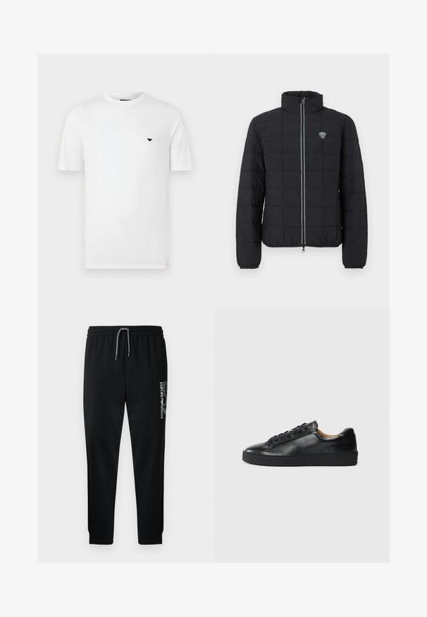 Veste matelassée noire avec col montant, fermeture à glissière frontale et poignets élastiques. Comprend un logo sur la poitrine gauche et un détail de fermeture éclair contrastant.; T-shirt en coton blanc avec col rond et manches courtes. Présente un petit logo noir sur le côté gauche de la poitrine. Texture lisse, coupe décontractée.; Pantalon de survêtement noir avec taille élastique, cordon de serrage ajustable et logo imprimé sur le côté. Tissu lisse avec une coupe fuselée.; Baskets en cuir noir avec une texture lisse, bout rond et fermeture à lacets. Comprend une semelle en caoutchouc épaisse et un minimum de détails de marque.