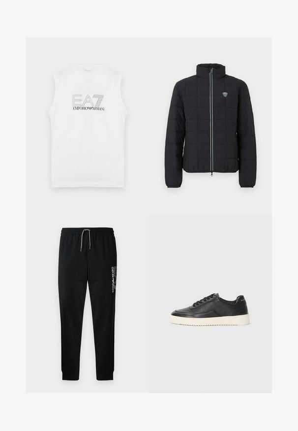 Veste matelassée noire avec col montant, fermeture à glissière frontale et poignets élastiques. Comprend un logo sur la poitrine gauche et un détail de fermeture éclair contrastant.; Chemise sans manches blanche avec le logo "EA7 Emporio Armani" en contour noir centré sur le devant.; Pantalon de survêtement noir avec taille élastique, cordon de serrage ajustable et logo imprimé sur le côté. Tissu lisse avec une coupe fuselée.; Baskets en cuir noir avec finition texturée, bout rond et semelle plate en caoutchouc blanc. Présentent des lacets noirs et un logo sur le talon.