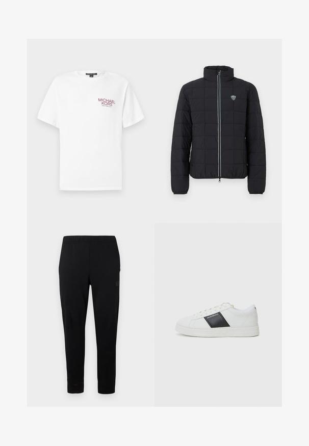 Veste matelassée noire avec col montant, fermeture à glissière frontale et poignets élastiques. Comprend un logo sur la poitrine gauche et un détail de fermeture éclair contrastant.; T-shirt blanc à manches courtes avec le logo "Michael Kors New York City" en rouge sur la poitrine gauche et un col rond.; Pantalon de sport noir avec une taille élastique, coupe ajustée, sans garniture visible. Présente un logo discret imprimé sur le côté.; Baskets en cuir blanc avec bandeau noir, bout rond, fermeture à lacets, panneau texturé et semelle en caoutchouc plate.