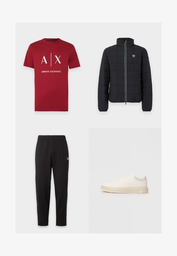 Veste matelassée noire avec col montant, fermeture à glissière frontale et poignets élastiques. Comprend un logo sur la poitrine gauche et un détail de fermeture éclair contrastant.; T-shirt rouge à manches courtes avec col rond, logo blanc "A | X" et texte "ARMANI EXCHANGE" centrés sur le devant.; Pantalon de survêtement noir à taille élastique, jambes fuselées, avec un petit logo blanc sur la partie supérieure de la cuisse gauche.; Sneaker blanc avec une tige en toile lisse, des lacets plats, un col rembourré et un accent gris texturé à l'arrière. Semelle en caoutchouc épaisse.