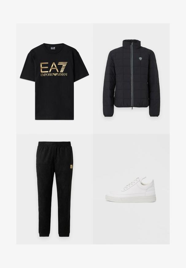 Schwarze, gesteppte Steppjacke mit hohem Kragen, Frontreißverschluss und elastischen Bündchen. Mit einem Logo auf der linken Brust und kontrastfarbenem Reißverschlussdetail.; Schwarzes Baumwoll-T-Shirt mit kurzen Ärmeln, auf dessen Vorderseite ein in Gold gedrucktes "EA7 EMPORIO ARMANI" Logo prangt. Schlichtes Design, Rundhalsausschnitt.; Schwarze Velours-Jogginghosen mit elastischem Bund, gerippten Knöcheln, seitlichen Taschen und kleinem beigefarbenen EA7 Emporio Armani Logo-Aufnäher an der Oberschenkelseite.; Weißer Ledersneaker mit abgerundetem Zehenbereich, flacher Sohle und Schnürverschluss. Verfügt über Nahtdetails und einen gepolsterten Kragen für zusätzlichen Komfort.