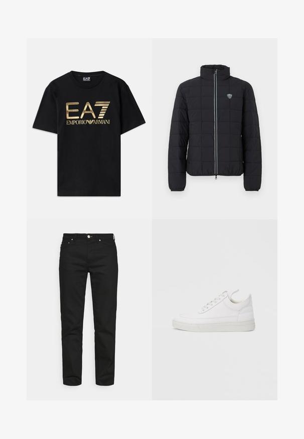 Schwarze, gesteppte Steppjacke mit hohem Kragen, Frontreißverschluss und elastischen Bündchen. Mit einem Logo auf der linken Brust und kontrastfarbenem Reißverschlussdetail.; Schwarzes Baumwoll-T-Shirt mit kurzen Ärmeln, auf dessen Vorderseite ein in Gold gedrucktes "EA7 EMPORIO ARMANI" Logo prangt. Schlichtes Design, Rundhalsausschnitt.; Won Hundred ARCHER - Jeans Tapered Fit - rinse black; Weißer Ledersneaker mit abgerundetem Zehenbereich, flacher Sohle und Schnürverschluss. Verfügt über Nahtdetails und einen gepolsterten Kragen für zusätzlichen Komfort.