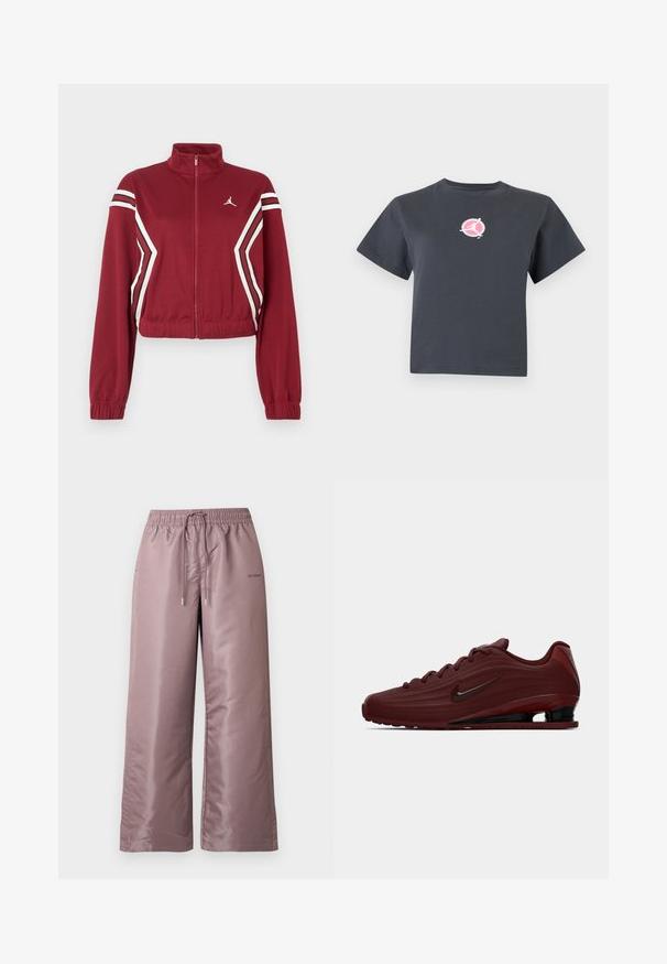 Chaqueta corta de cremallera completa en color burdeos con alto cuello, rayas anguladas en blanco y negro en la parte delantera y en las mangas, y pequeño logo blanco en el pecho.; Camiseta corta de manga corta en gris oscuro con un pequeño logo redondo rosa y blanco que muestra la silueta de una persona en movimiento en el pecho.; Pantalones de pierna ancha en rosa claro, hechos de nylon suave. Cuentan con una cintura elástica con cordón ajustable y llevan una marca en el lateral.; Zapatilla Nike en color burdeos con acentos en la suela, cordones y logo swoosh en negro, mostrada en perfil lateral sobre fondo blanco.