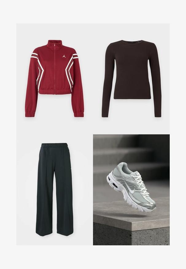Bordeaux fuld-zip cropped jakke med høj krave, hvide og sorte skrå striber foran og på ærmerne, samt et lille hvidt logo på brystet.; Mørkebrune ribbede langærmede T-shirt med rund hals og tætsiddende silhuet, præsenteret på en simpel hvid baggrund.; Sorte, brede atletiske bukser med elastisk talje. Lavet af glat, strækbart stof, med diskrete frontsyninger og ingen lommer.; Lysegrå og hvid Nike løbesko med meshstof og tyk sål, der svæver over en betonkant mod en sløret trappebaggrund.