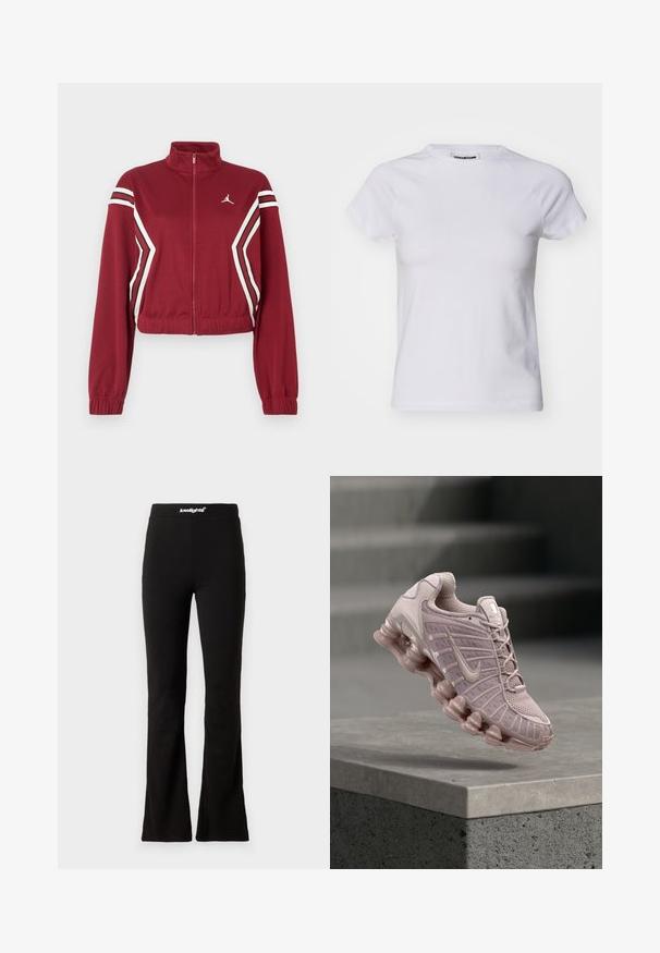 Bordeaux fuld-zip cropped jakke med høj krave, hvide og sorte skrå striber foran og på ærmerne, samt et lille hvidt logo på brystet.; Noisy May NMKATINKA - T-shirts basic - bright white; Sorte flaired leggings med en glat tekstur og elastisk talje, der har et hvidt logo. Designet til komfort og fleksibilitet.; Nike Air Max-sko i lys pink med en mesh-overdel, polstret tunge og en kraftig, gennemsigtig sål med bølgedesign.