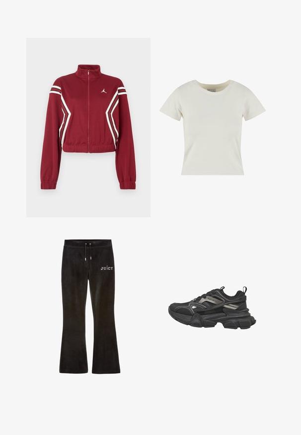 Bordeauxkleurige cropped jasje met volledige ritssluiting en hoge kraag, met witte en zwarte diagonale strepen aan de voorkant en mouwen, en een klein wit logo op de borst.; Crème-kleurig katoenen t-shirt met korte mouwen, een ronde halslijn en een subtiel geborduurd logo aan de voorkant in tonale draad.; Zwarte velours broek met een uitlopende pijpdesign. Beschikt over een trekkoord in de taille en het woord "JUICY" in rhinestones aan de voorkant. Zachte textuur.; Robuuste sneaker van het merk Black Buffalo met een dikke, gestructureerde zool en mesh en synthetische bovenzijde, zijlogo en trek-lussen op de tong en hiel.