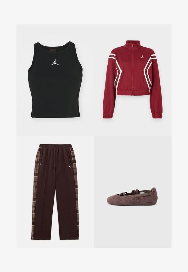Bordeaux fuld-zip cropped jakke med høj krave, hvide og sorte skrå striber foran og på ærmerne, samt et lille hvidt logo på brystet.; Sort tætsiddende tanktop lavet af bomuld, med rund udskæring og et hvidt Jordan-logo syet på fronten i midten. Glat tekstur.; Mørkebrune træningsbukser med elastisk talje, lynlåslommer i siden, ternede sidepaneler og hvid Puma-logo på venstre ben.; Brun ruskinds balletsko med elastiske stropper og tekstureret sål, vist i profil mod en ensfarvet lys baggrund.