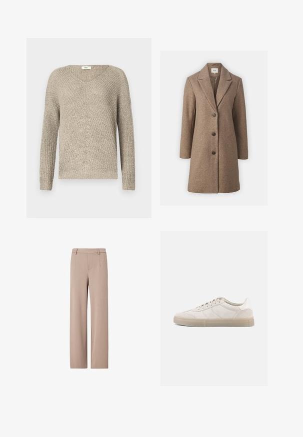 Brun uldblandingsfrakke med spidse revers, fem knapper, lange ærmer og lige pasform. Indvendig foer i en mørkere nuance.; Lyse beige striktrøje med v-hals, lange ærmer og et struktureret mønster med ribkantede ærmer og kant.; Beige bukser med høj talje og brede ben med bæltestropper, frontplissering og skjult frontlukning.; Beige ruskindssneakers med lav profil, der har en struktureret overdel, tonale sømme og en lys gummisål. Snørebånd fuldender designet.