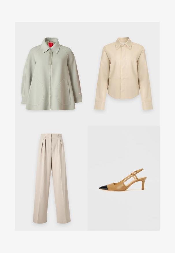 Veste en laine gris clair avec fermeture à glissière intégrale sur le devant, grandes poches arrondies à l'avant, manches longues et col, présentée sur fond uni.; Chemise à manches longues en simili cuir beige avec col pointu et fermeture boutonnée dissimulée à l'avant.; Pantalon large beige taille haute avec plis à l'avant, passants pour ceinture et fermeture avant dissimulée.; Escarpins slingback couleur fauve avec embout pointu noir, côtés découpés et talon bloc de hauteur moyenne. Matière en cuir lisse.