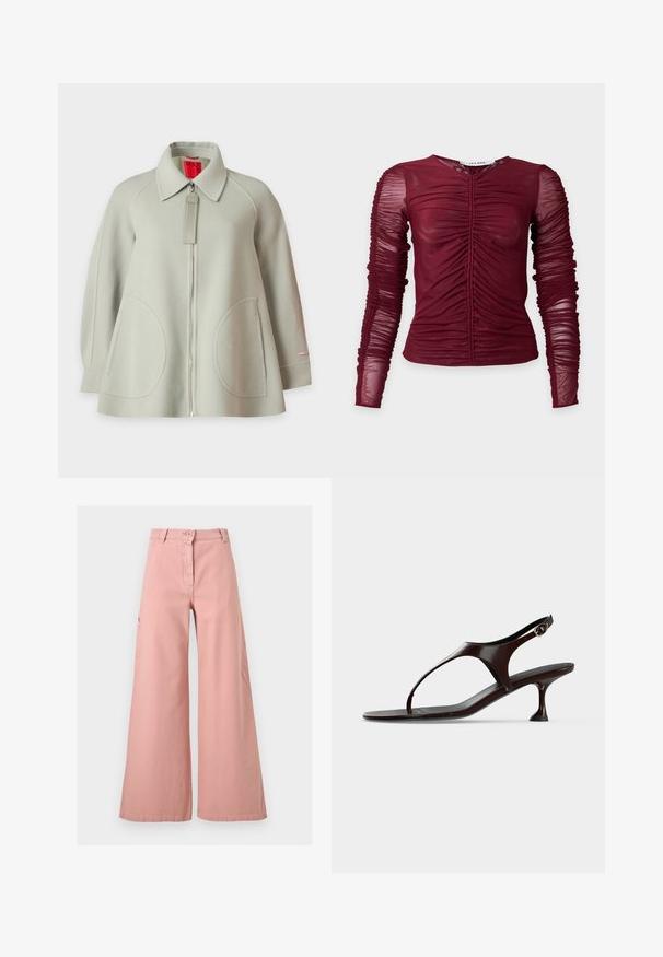 Veste en laine gris clair avec fermeture à glissière intégrale sur le devant, grandes poches arrondies à l'avant, manches longues et col, présentée sur fond uni.; Haut transparent bordeaux à manches longues avec détails froncés le long du centre et des manches, silhouette ajustée et encolure ronde.; Pantalon taille haute à jambes larges de couleur rose pâle, avec fermeture à bouton et zip à l'avant, passants pour ceinture et poches latérales.; Sandale slingback en cuir verni marron foncé avec petit talon et bride entre les orteils sur fond blanc.