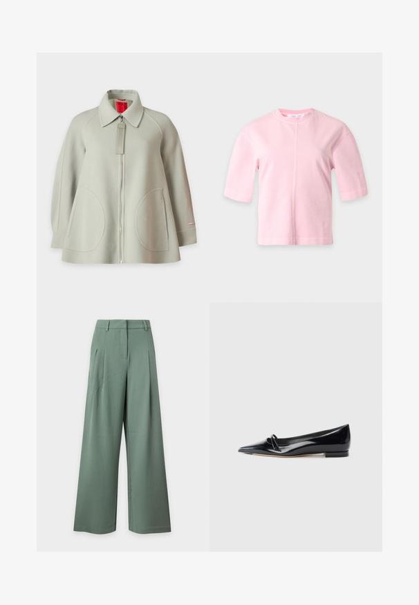 Veste en laine gris clair avec fermeture à glissière intégrale sur le devant, grandes poches arrondies à l'avant, manches longues et col, présentée sur fond uni.; T-shirt rose clair à manches courtes, col rond et détail de couture verticale centrale sur un fond gris clair uni.; Pantalon taille haute à jambes larges en vert doux avec passants de ceinture, poches latérales et plis devant sur un fond clair.; Chaussure plate en cuir verni noir avec un bout pointu, une petite lanière décorative et un petit talon carré. Texture lisse et design épuré.