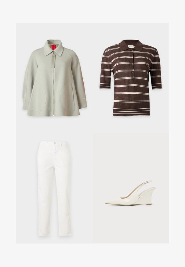 Veste en laine gris clair avec fermeture à glissière intégrale sur le devant, grandes poches arrondies à l'avant, manches longues et col, présentée sur fond uni.; Polo marron à manches courtes avec des rayures blanches horizontales et quatre boutons sur le devant sur un fond clair uni.; Jean blanc à jambes droites avec poches avant, passants de ceinture et fermeture par bouton à la taille.; Chaussure compensée blanche en cuir verni avec bout pointu et bride ajustable à boucle sur fond uni.