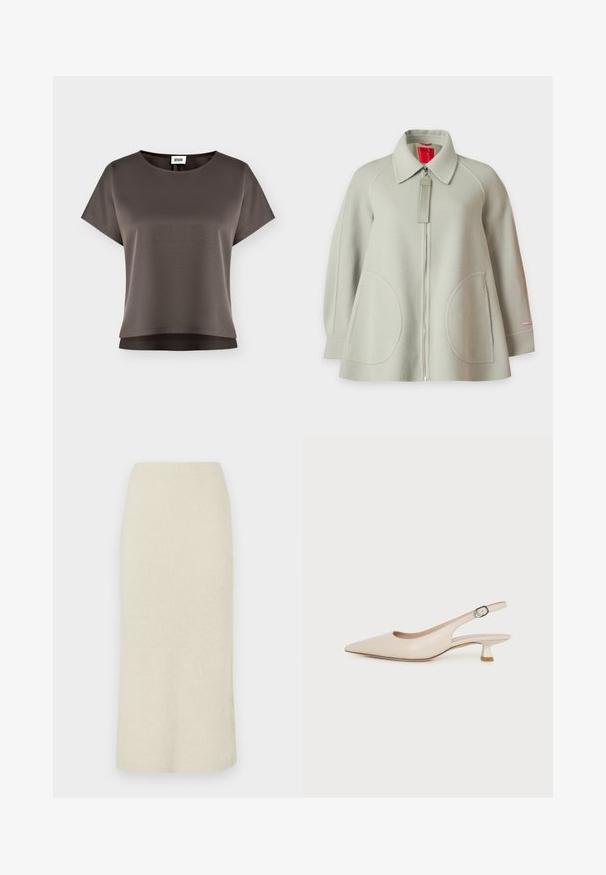 Veste en laine gris clair avec fermeture à glissière intégrale sur le devant, grandes poches arrondies à l'avant, manches longues et col, présentée sur fond uni.; Haut court à manches courtes marron foncé avec encolure ronde et tissu lisse, présenté sur un fond clair uni.; Jupe crayon couleur crème, longueur genou, en tissu doux et texturé avec une taille haute.; Chaussure slingback beige à bout pointu avec un petit talon kitten et une boucle latérale réglable sur fond blanc uni.