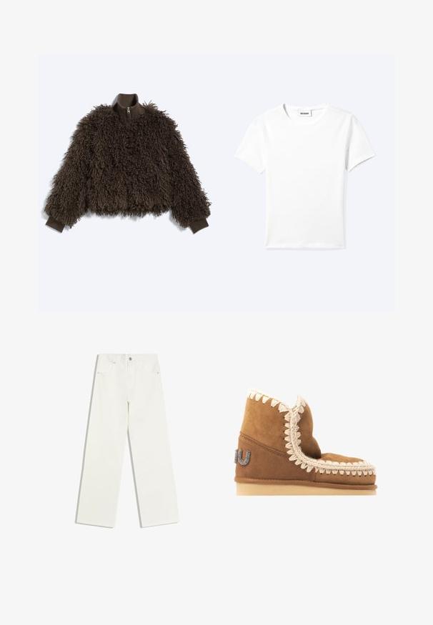 Donkerbruine krullende nepbontjas met rits en hoge kraag en geribbelde manchetten, plat gelegd op een witte achtergrond.; Effen wit T-shirt met korte mouwen en ronde hals met een klein "WEEKDAY" label aan de binnenkant van de hals, plat neergelegd op een lichte achtergrond.; Witte jeans met hoge taille en rechte pijpen, met voorzakken en een knoopsluiting op een witte achtergrond.; Bruine suède enkellaars met een decoratieve crèmekleurige stiksel langs de bovenrand en een metalen logo-detail aan de buitenkant. Platte zool.
