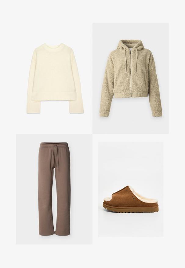 Sudadera beige recortada hecha de un tejido texturizado y suave. Presenta un cierre frontal con cremallera, capucha con cordón y mangas de corte relajado.; Suéter de punto color crema con cuello redondo, hombros caídos y mangas largas. Presenta puños de canalé y un dobladillo recto.; Pantalones de chándal marrones con cintura elástica, cordón, piernas rectas y ajuste informal, mostrados sobre un fondo claro y liso.; Zapatilla tipo slide de ante marrón con forro de vellón color crema y suela de goma texturizada, con el logo de UGG en el lateral.