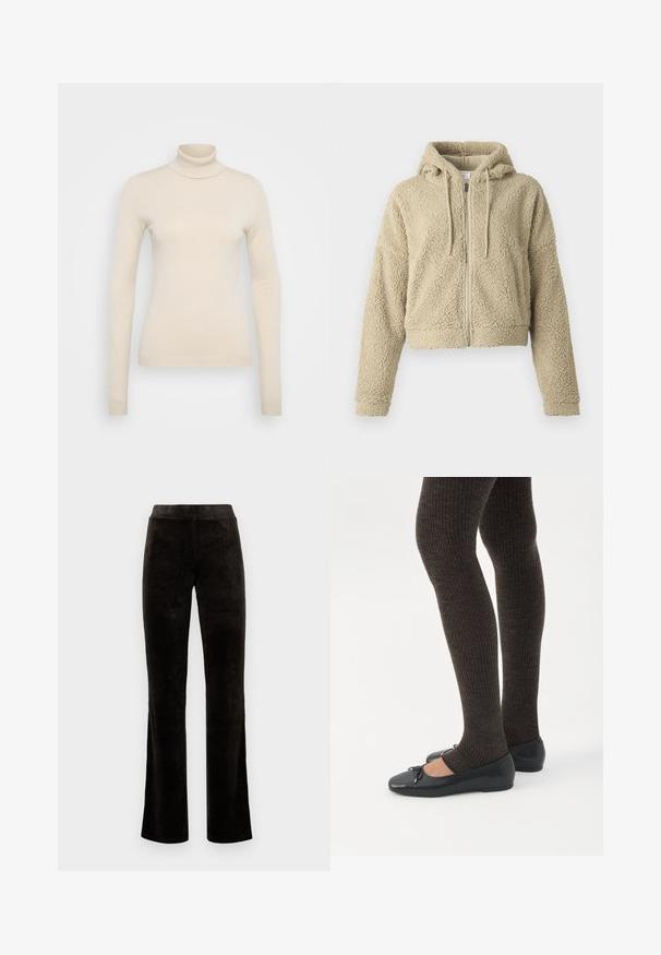 Geknipt beige hoodie gemaakt van gestructureerde, fuzzy stof. Heeft een rits aan de voorkant, een capuchon met trekkoorden en een relaxed-fit mouwen.; Vero Moda Tall VMHAPPINESS ROLLNECK - Trui - oatmeal; Zwarte flared broeken van zacht, fluwelen stof. Heeft een hoge tailleband en een gladde textuur zonder zichtbare patronen of hardware.; Benen met donkere geribbelde leggings gecombineerd met zwarte ballerina's met kleine strikdetails op een witte achtergrond.