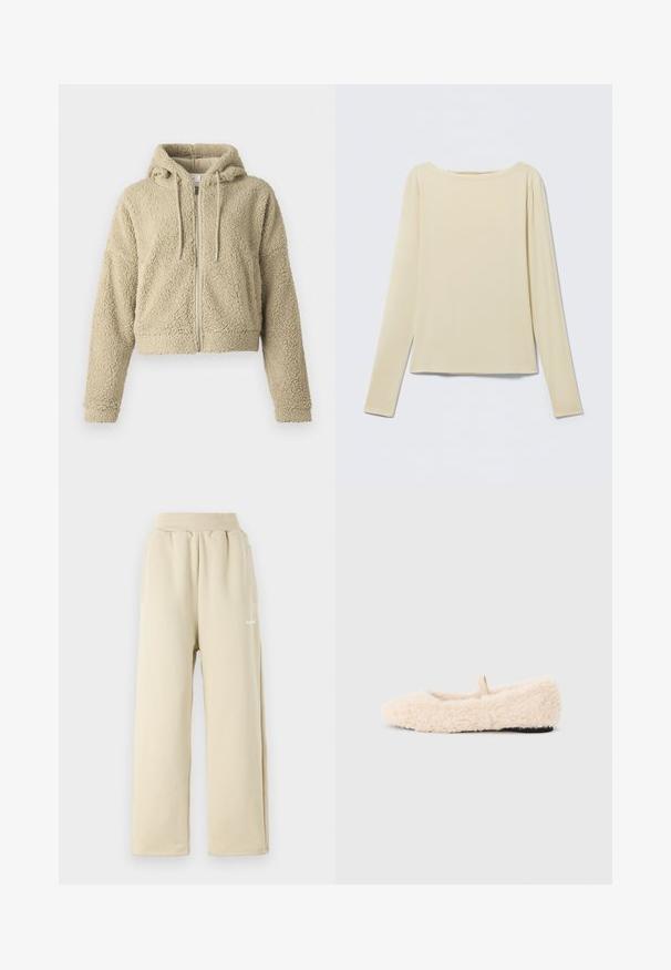 Haut à capuche beige coupé, fabriqué en tissu texturé et duveteux. Il dispose d'une fermeture éclair à l'avant, d'une capuche avec cordon de serrage et de manches à coupe décontractée.; Haut beige à manches longues et cintré avec un col bateau, présenté à plat sur un fond clair.; Pantalons de survêtement beige à jambes larges en tissu doux, dotés d'une taille élastique, de poches latérales et d'un petit logo brodé.; Chausson doux, de couleur crème, avec une texture moelleuse, un bout arrondi, un design minimal et une petite boucle en tissu à l'arrière pour un enfilage facile.