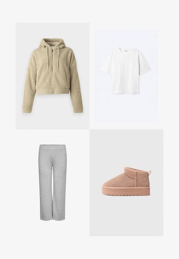 Sudadera beige recortada hecha de un tejido texturizado y suave. Presenta un cierre frontal con cremallera, capucha con cordón y mangas de corte relajado.; Camiseta blanca de manga corta con cuello redondo y dobladillo recto, con etiqueta de la marca "WEEKDAY" dentro del escote.; Pantalones de chándal grises con un diseño de pierna ancha, textura suave y cinturilla elástica, sin patrones visibles ni detalles de hardware.; Botín de ante beige con suela de plataforma gruesa, punta redondeada, tira en el talón y costuras visibles.