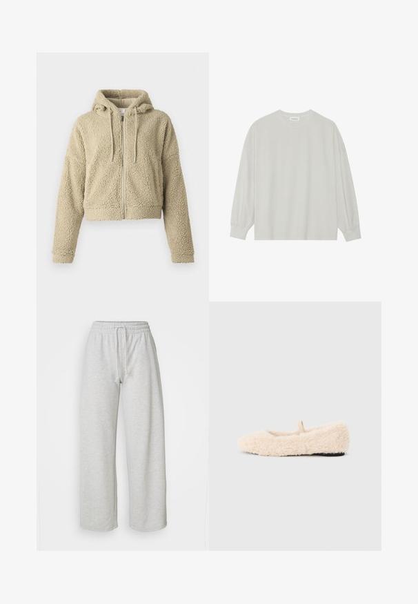 Geknipt beige hoodie gemaakt van gestructureerde, fuzzy stof. Heeft een rits aan de voorkant, een capuchon met trekkoorden en een relaxed-fit mouwen.; Lichtgrijze langarm t-shirt van zacht katoen. Heeft een losse pasvorm, ronde halslijn en zachtGathered manchetten. Geen patronen of graphics.; Even&Odd Petite Trainingsbroek - mottled light grey; Pluizig, crèmekleurig slipper met een zachte textuur, ronde neus, minimalistisch ontwerp en een klein stoffen lusje aan de achterkant voor gemakkelijk aan- en uittrekken.