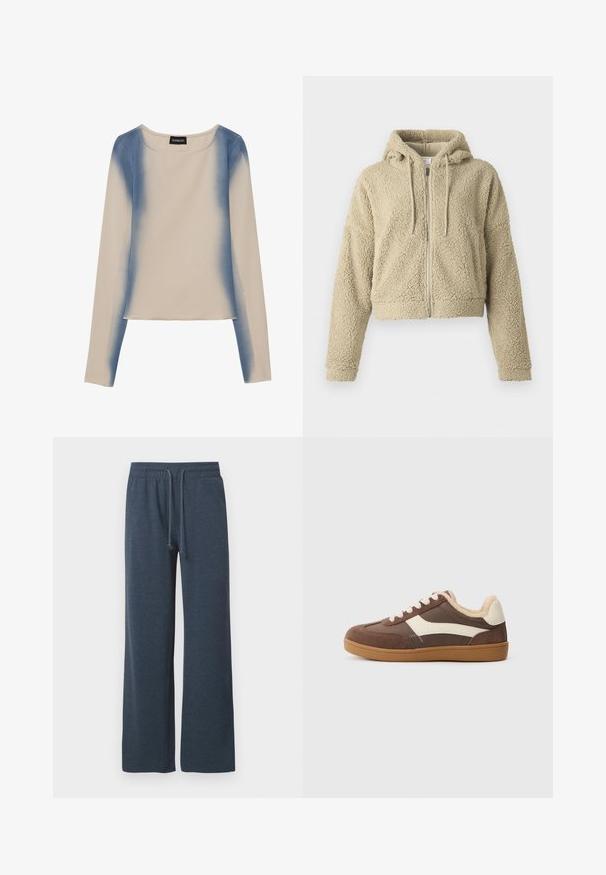 Geknipt beige hoodie gemaakt van gestructureerde, fuzzy stof. Heeft een rits aan de voorkant, een capuchon met trekkoorden en een relaxed-fit mouwen.; Langarmtop in lichtbeige, met een gradient blauw ontwerp. Glad textuur met een ronde halslijn en rechte zoom.; Donkerblauwe, wijde sweatpants gemaakt van zacht, ademend materiaal. Voorzien van een elastische tailleband met trekkoord voor een verstelbare pasvorm.; Bruine suède sneakers met crème accenten, vetersluiting, zachte voering en een gumrubberen zool, met contrasterende texturen en stikdetails.