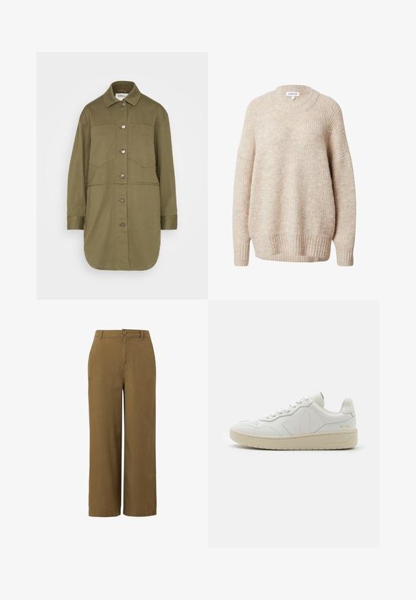 ONLY ONLDREW SHACKET - Jeansjacke - kalamata; Beige gestrickter Pullover mit rundem Halsausschnitt, überschnittenen Schultern sowie gerippten Bündchen und Saum. Merkmale einen strukturierten, leicht lockeren Sitz.; Braune weitbeinige Hosen aus einem strukturierten Baumwollgemisch, mit einer vorderen Knopfschließe und einem Standard-Taillendesign.; Weiße Leder-Sneaker mit perforiertem Zehenbereich, kontrastierender beiger Gummisohle und Logoplaketten an der Seite und Ferse. Minimalistisches Design.