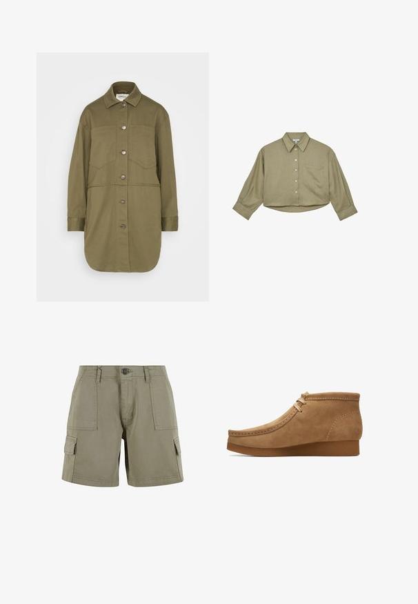 ONLY ONLDREW SHACKET - Cowboyjakker - kalamata; Kropskort olivengrøn skjorte med knapper, lange ærmer, brystlomme og klassisk krave.; Khaki cargo shorts lavet af letvægtsbomuld med to sidelommer, en front knaplukning og lige snit.; Tan ruskind ankelstøvle med en rund tå, syninger langs overdelen og en tekstureret gummisål. Enkel snørelukkedesign.
