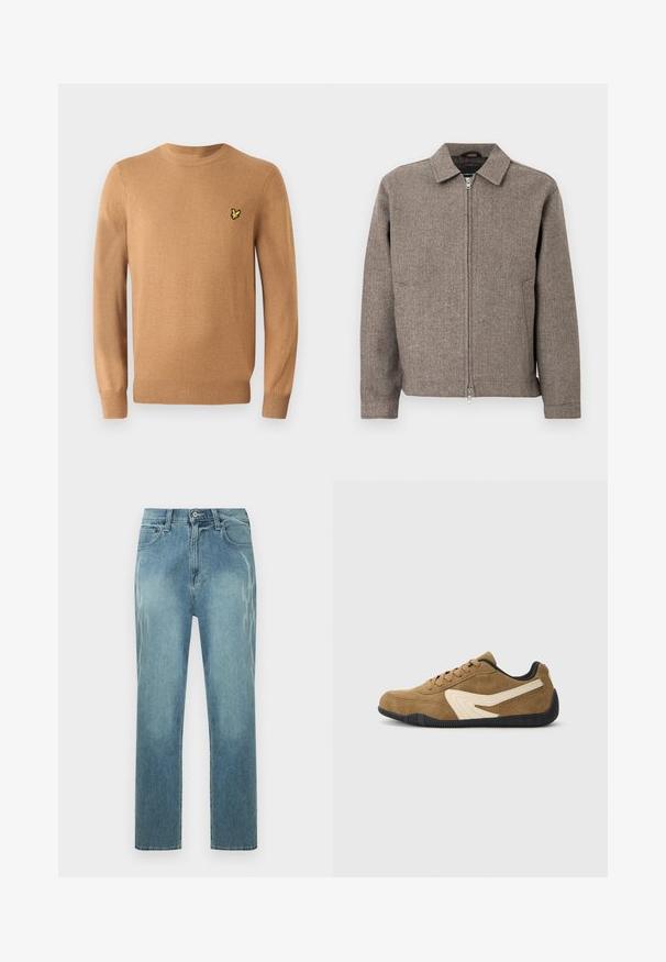Brun jakke med fiskebensmønster, krave, fuld lynlås foran, to sidelommer og tekstureret stof.; Lysbrun strikket sweater med lange ærmer og ribbede manchetter; har et lille gult fuglelogo på venstre bryst.; Lyseblå jeans med lige ben, med falmet leopardprint på siderne, foran knaplukning og klassisk design med fem lommer.; Brune suede sneakers med et design i creme. Har sorte gummisåler og snørebånd, med en slank, lavprofilform.