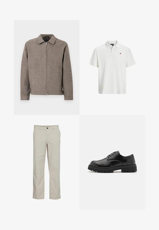 Brun jakke med fiskebensmønster, krave, fuld lynlås foran, to sidelommer og tekstureret stof.; Hvid polo shirt lavet af bomuld med korte ærmer, med en toknaps placket og et lille rødt punktlogo på venstre bryst.; Beige bomuldsbukser med lige ben, frontlommer og enkelt knaplukning. Glat tekstur og minimale syningsdetaljer.; Sorte lædersko med rund tå, snørelukning og en tykk, struktureret gummisål. Har syninger langs kanten og en glat overflade.