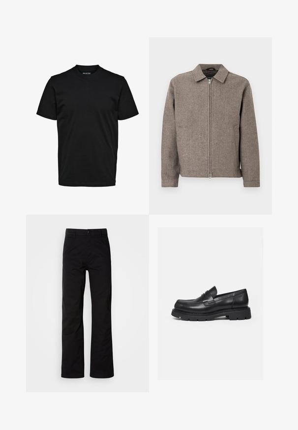 Brun jakke med fiskebensmønster, krave, fuld lynlås foran, to sidelommer og tekstureret stof.; Simpel sort T-shirt med korte ærmer, rund hals og almindelig pasform uden synlige mønstre eller logoer.; Sort bomuldsbukser med lige ben, der har knaplukning og bæltestropper. Glat tekstur og minimalistisk stil uden synlige mønstre.; Sort læderloafer med tyk rillede sål og penny-remdetalje, vist i højre sideprofil på hvid baggrund.