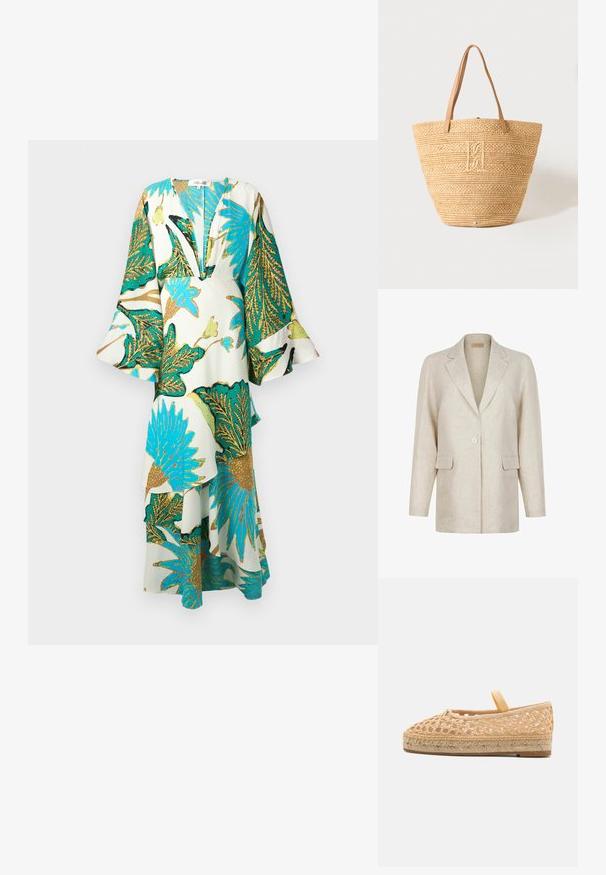 Beige enkeltknappet blazer med hakkede revers, lange ærmer og to frontlommer med klap, lavet af tekstureret stof.; Lang, flydende kjole med dyb V-hals, klokkeærmer og levende tropiske bladmønstre i teal, guld og grøn på en lys baggrund.; Loeffler Randall KAYLA - Espadrilles - natural; Beige vævet stråtaske med to lysebrune læderhåndtag og et diskret broderet monogram i midten foran.