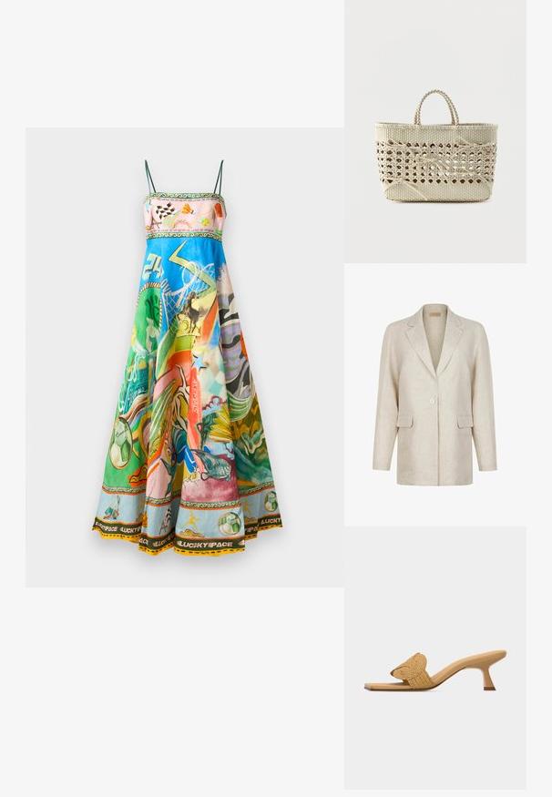 Beige enkeltknappet blazer med hakkede revers, lange ærmer og to frontlommer med klap, lavet af tekstureret stof.; Satin maxi kjole med pastelfarver og livlige farverige prints, spaghetti stropper, samt et dekorativt bånd øverst og i kanten med forskellige motiver.; Beige mule med åben tå, lav kitten-hæl og en flettet, rund dekorationsrem over fronten.; Vævet beige taske med åbent gitter i midten og flere bundne sløjfer, med korte flettede håndtag.