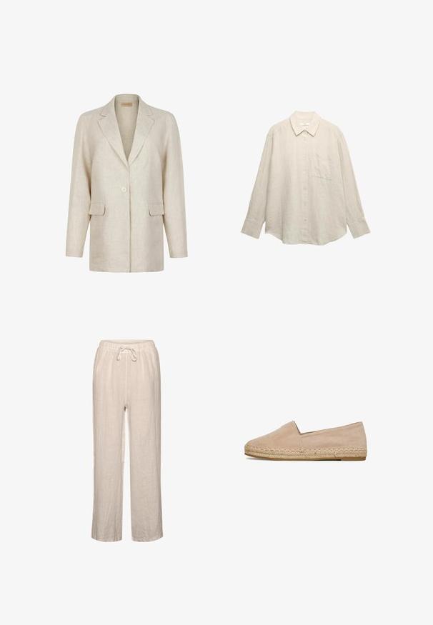 Beige enkeltknappet blazer med hakkede revers, lange ærmer og to frontlommer med klap, lavet af tekstureret stof.; Lysebeige hørskjorte med lange ærmer, knaplukning foran, spidst krave, enkelt brystlomme og en løs pasform. Subtil struktur er synlig.; Linnedbukser i lys beige med elastisk talje og snøre, der har en afslappet pasform og lige ben.; Beige espadrille slip-on med en blød overdel i ruskind, rund tå og vævet jute-reb langs sålen. Flad ydersål i gummi.