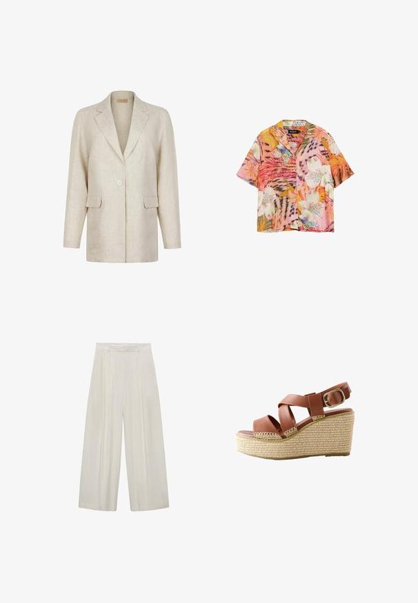 Beige enkeltknappet blazer med hakkede revers, lange ærmer og to frontlommer med klap, lavet af tekstureret stof.; Kortærmet skjorte med knapper, prydet med livlige tropiske blomster- og bladmønstre i toner af pink, orange, hvid og grøn.; Bredde bukser i lys beige med lodrette hvide striber. Har høj talje, plisseret front og glat tekstur.; Brun læder kile sandal med krydsede stropper, guldbælte og vævet beige platformsål.