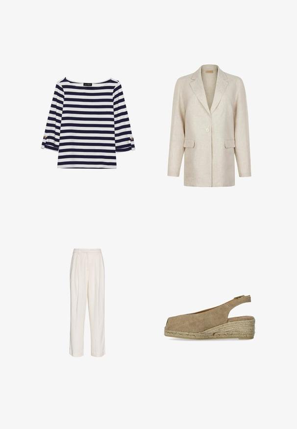 Blazer beige à un bouton avec revers crantés, manches longues et deux poches à rabat à l’avant, en tissu texturé.; Haut rayé bleu marine et blanc à manches longues avec un col bateau et des accents de boutons dorés sur les manches retroussées. Tissu doux, coupe décontractée.; Pantalon blanc taille haute sur mesure avec plis, passants de ceinture et jambes droites, présenté sur un fond blanc uni.; Castañer DOSALIA - Espadrilles - sand