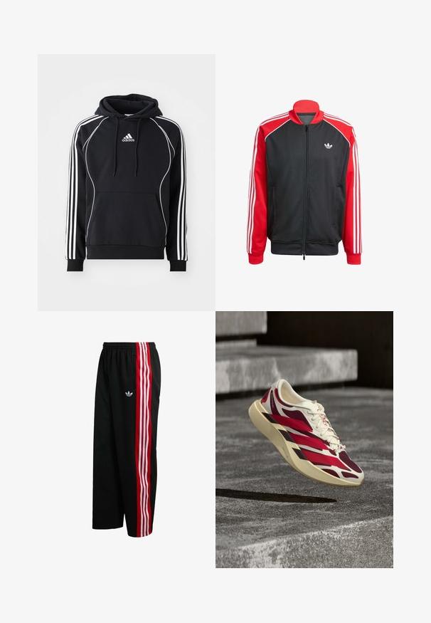 Schwarze Netzjacke mit roten Ärmeln, mit drei weißen Streifen auf jedem Ärmel und einem kleinen weißen Logo auf der Brust. Reißverschluss.; Schwarzer Adidas-Hoodie mit weißen Streifen an den Ärmeln, weißen Paspeln auf der Vorderseite, vorderer Kängurutasche und kapuze mit Kordelzug.; Schwarze Mesh-Hose mit weitem Schnitt, roten und weißen Streifen an den Seiten und kleinem weißem Logo auf der linken Seite. Elastischer Bund.; Weißer und roter Sportschuh mit dicker Sohle, schwebt über strukturierten grauen Betontreppen.