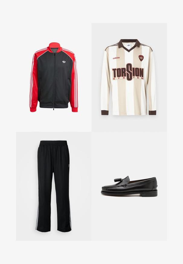 Sort mesh-jakke med røde ærmer, der har tre hvide striber på hvert ærme og et lille hvidt logo på brystet. Lynlåslukning.; Langærmet beige og hvidstribet fodboldtrøje; har brun krave og ærmekanter, stort rødt "TORSION SYSTEM" logo og adidas-mærkning.; Sorte træningsbukser med elastisk talje, der har hvide sidestænger og et lille logo. Materialet ser blødt og let ud.; Sorte læder loafers med mokkasinstik, en rund tå og en frynseaccent. Flad hæl med en glat tekstur, designet til afslappet brug.
