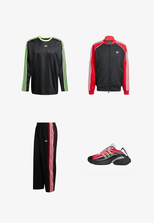 Zwarte mesh jas met rode mouwen, voorzien van drie witte strepen op elke mouw en een klein wit logo op de borst. Ritssluiting.; adidas Originals JACQ - Longsleeve - black signal green; Zwarte meshbroek met een brede pasvorm, rode en witte gestreepte zijpanelen, en een klein wit logo aan de linkerkant. Elastische tailleband.; Rode en zwarte sportschoen met witte veters, gele en zilveren accenten en dikke zwarte zool, getoond vanaf de buitenkant tegen een witte achtergrond.