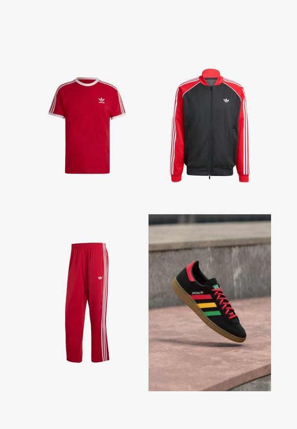 Zwarte mesh jas met rode mouwen, voorzien van drie witte strepen op elke mouw en een klein wit logo op de borst. Ritssluiting.; Rode katoen t-shirt met witte geribde ronde hals, voorzien van drie witte strepen op de mouwen en een klein wit logo op de borst.; Rode Adidas trainingsbroek met elastische tailleband, witte zijstrepen en Trefoil-logo op het rechterdijbeen tegen een witte achtergrond.; Zwarte Adidas Spezial sneaker met rode, gele en groene strepen, rode veters, gumzool en een rode hieldetail, zwevend boven het trottoir.